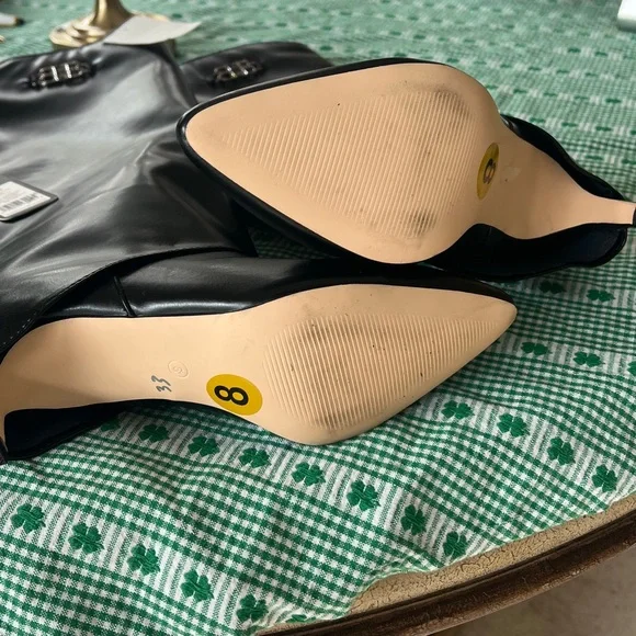 NWT Bebe Black Heeled Boots with Logo Detail. Unique with covered heel. Size 8. - Picture 4 of 12